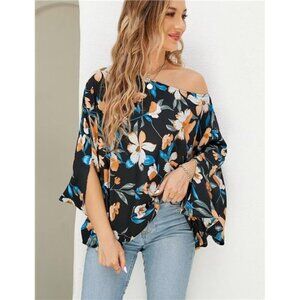 Multi Floral Print Chiffon Off Shoulder Flowy Top Batwing Sleeve‎ Blouse Shirt